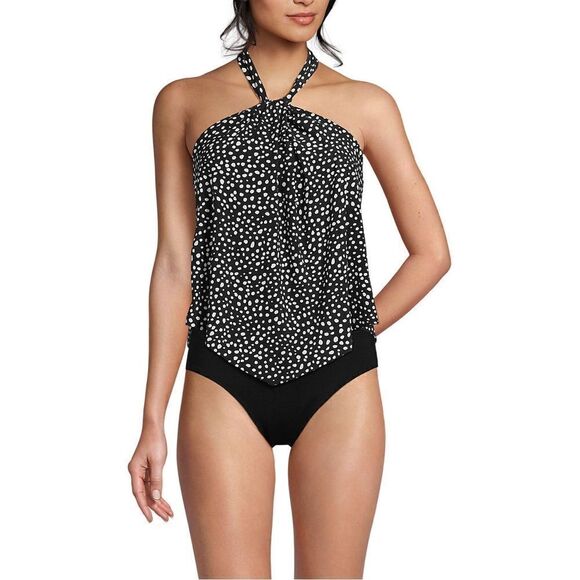 Land's End Plus Size High Neck Halter tankini top Black White Scattered Dot 14 - Picture 1 of 4